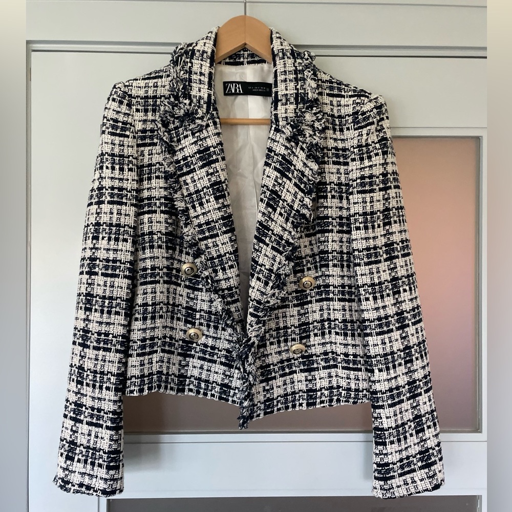 Zara Tweed White and Navy Blue Double Breasted Jacket